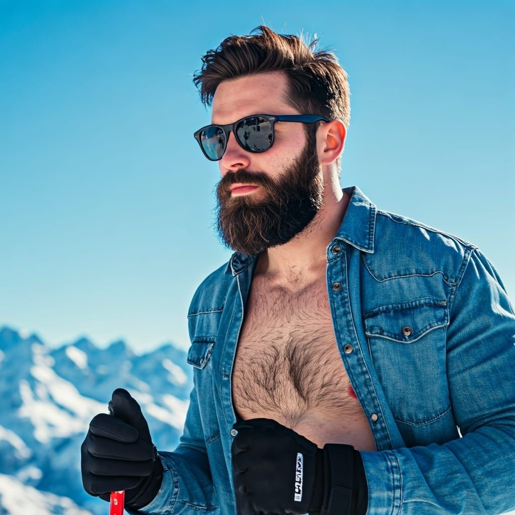 Shirtless Bearded Man Skiing in French Alps