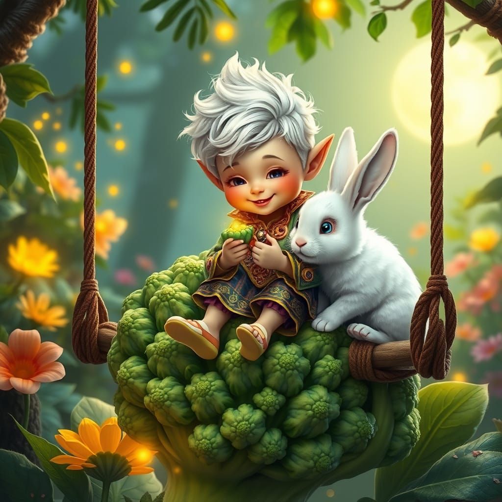 Whimsical Elf Child Plays with Rabbit in a Moonlit Forest