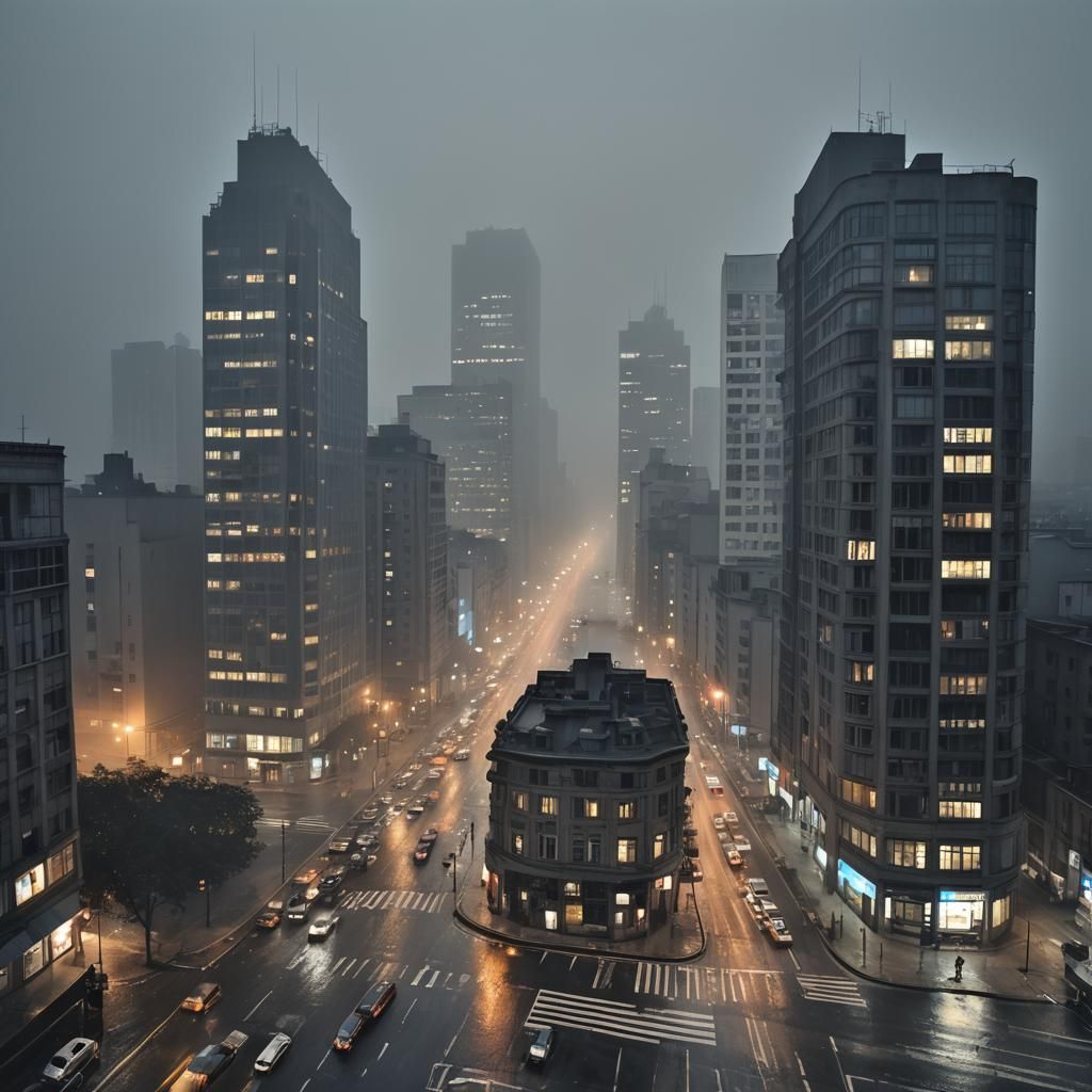 Moody Cityscape at Twilight in Hyperrealistic Style