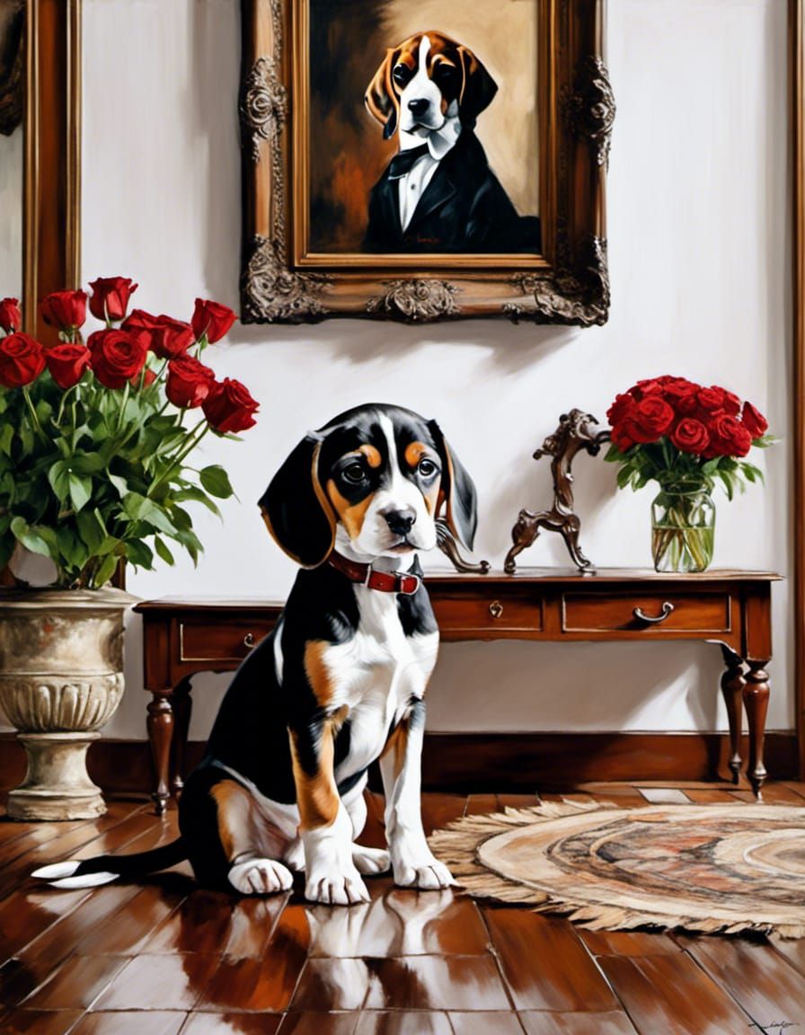 Beagle Puppy in Cottage, Basquiat-Inspired Portrait