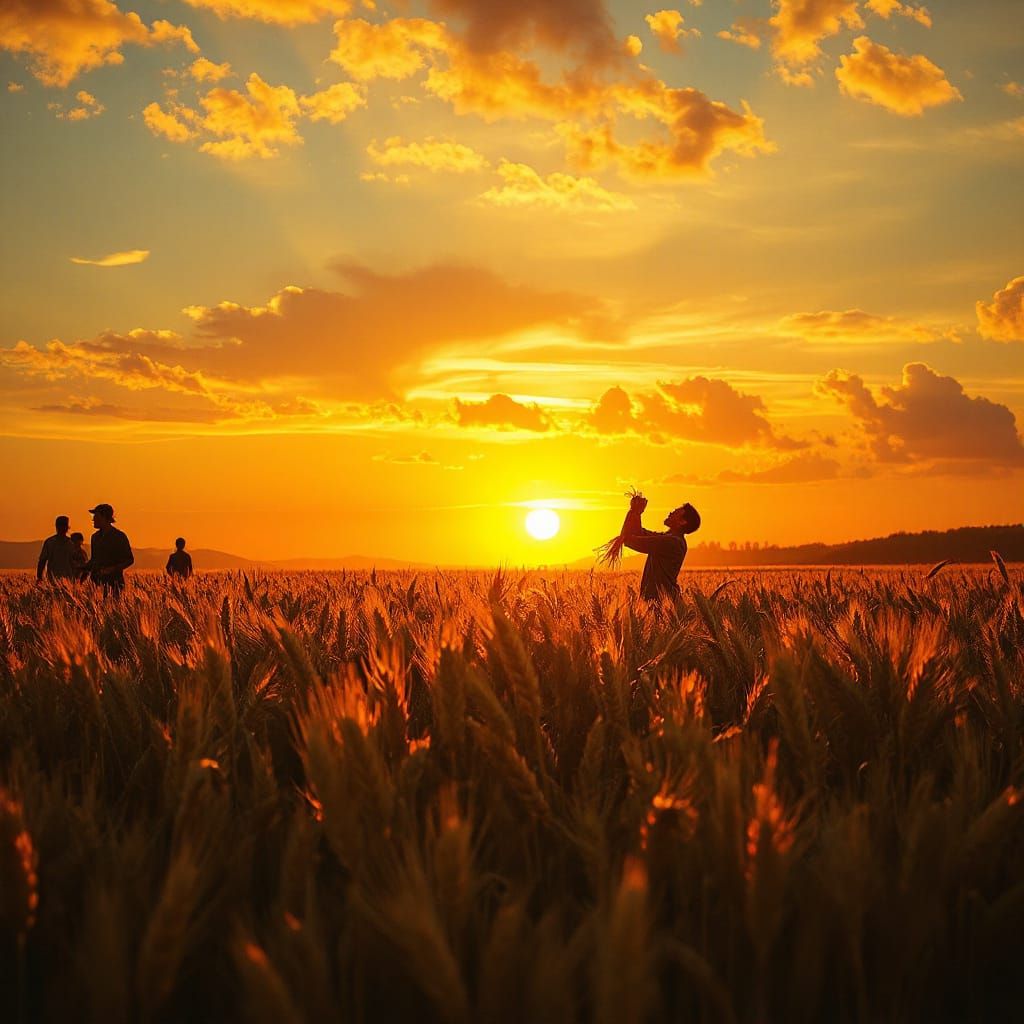 Golden Wheat Field Harvest at Sunset in Impressionist Style