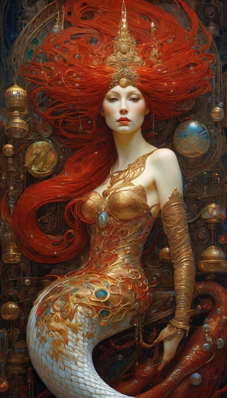 Trojan Mermaid: Surreal Fantasy Art in Art Nouveau Style