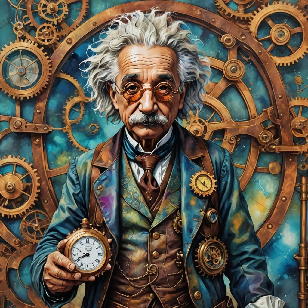 Einstein in Steampunk Outfit with Flowing Colors