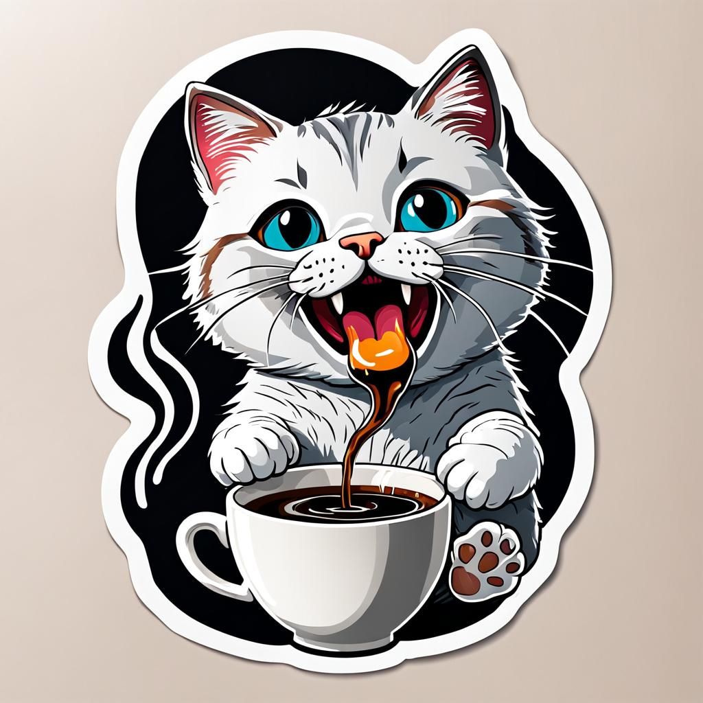 Funny Cute cat character pouring coffee into mouth, sticker, vector