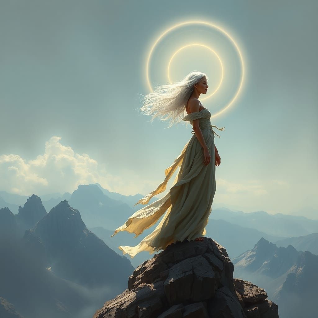 Ascension's Defiance: Ethereal Woman on Mountain Peak