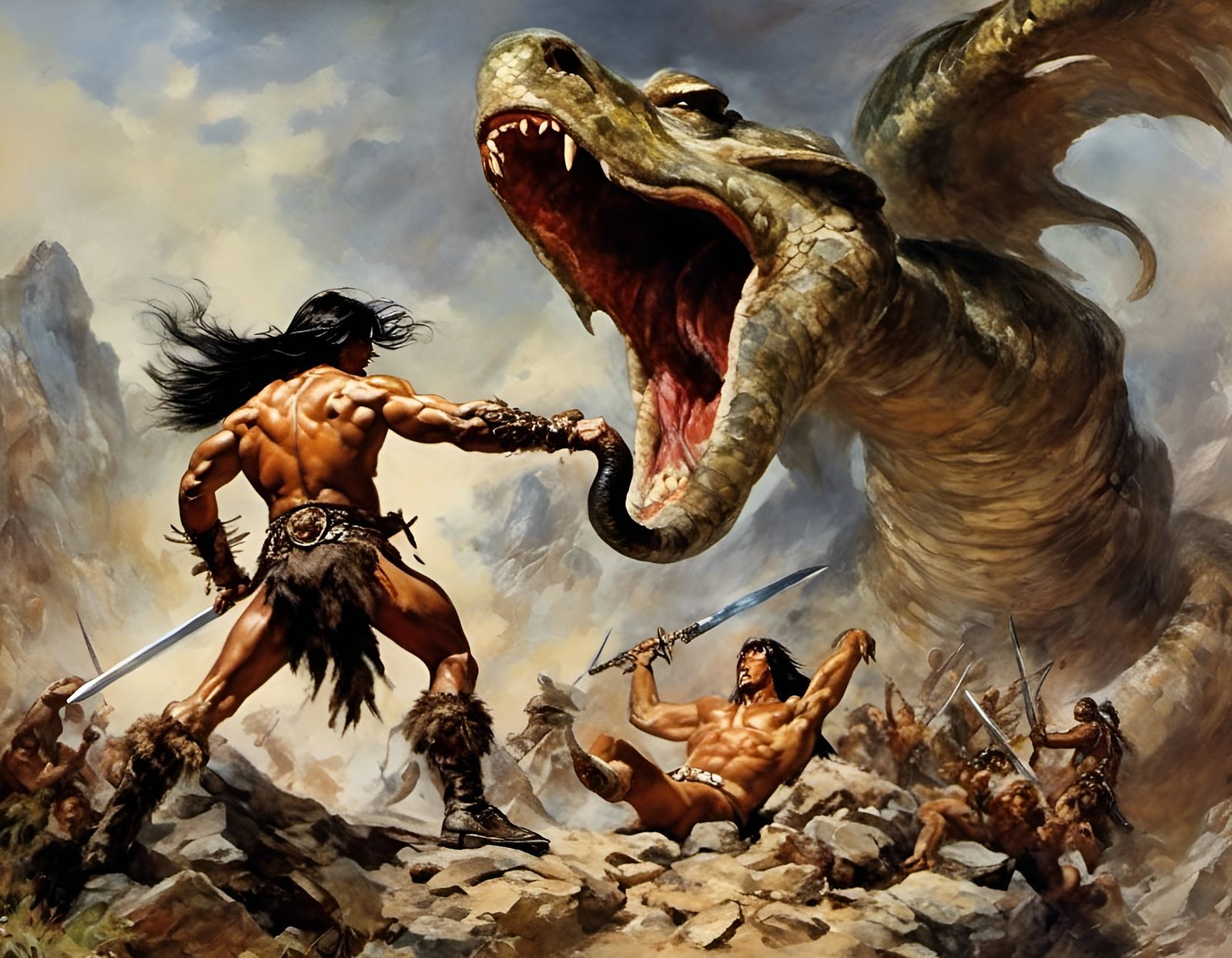 Conan Battles Serpent: Hyperrealistic Heroic Fantasy