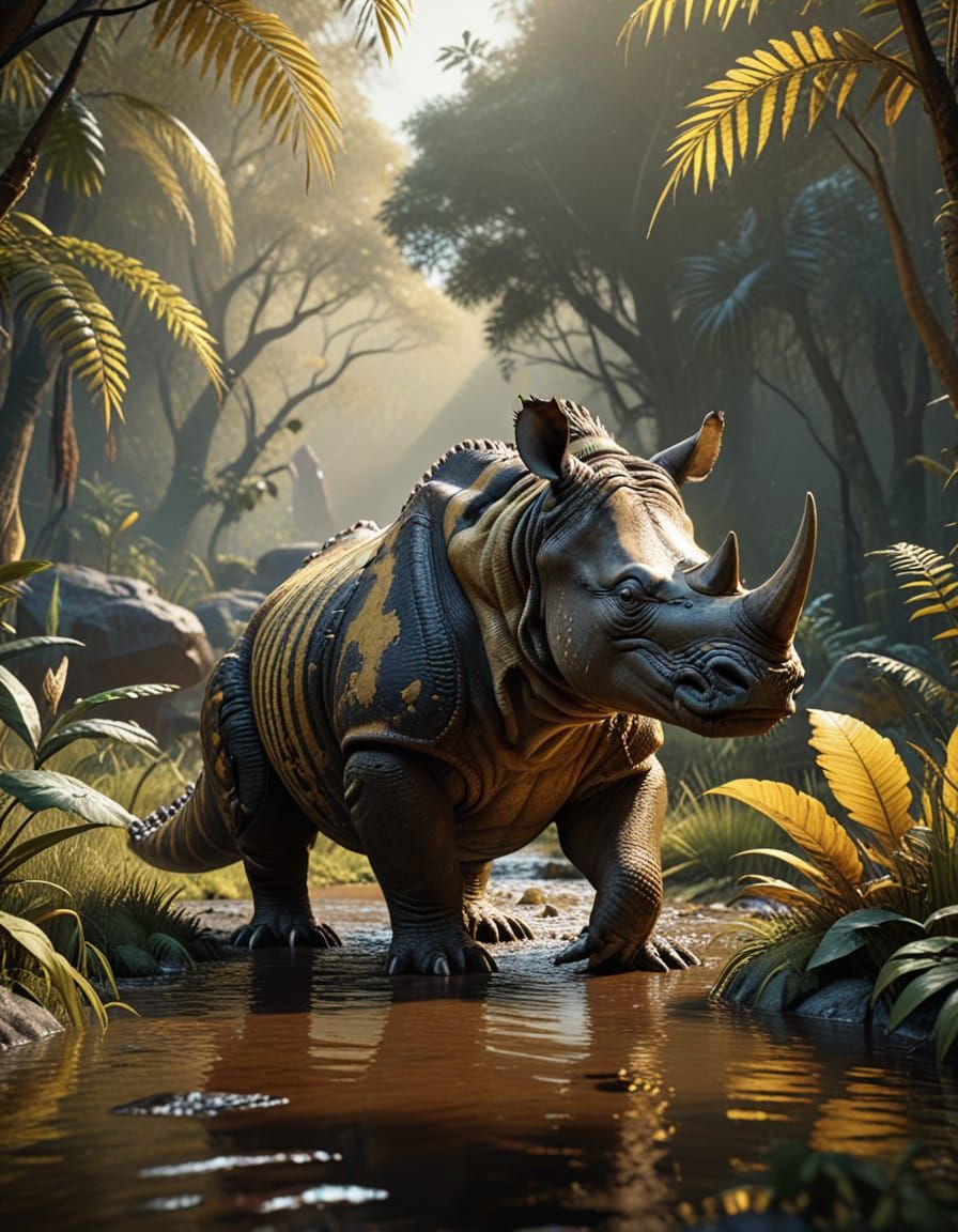 Surreal Rhino-Alligator Hybrid in Golden Light