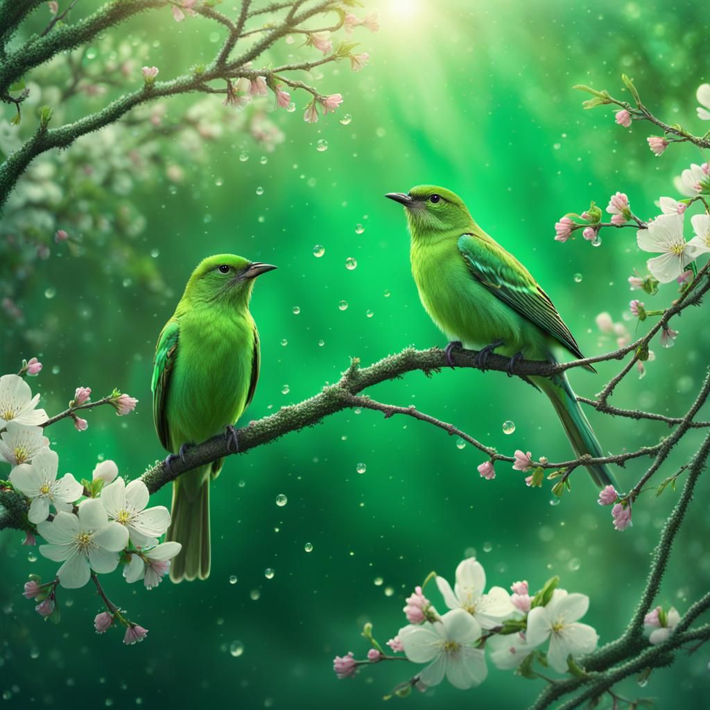 Epic Floral Tree with Perched Green Birds in a Vibrant Lands...