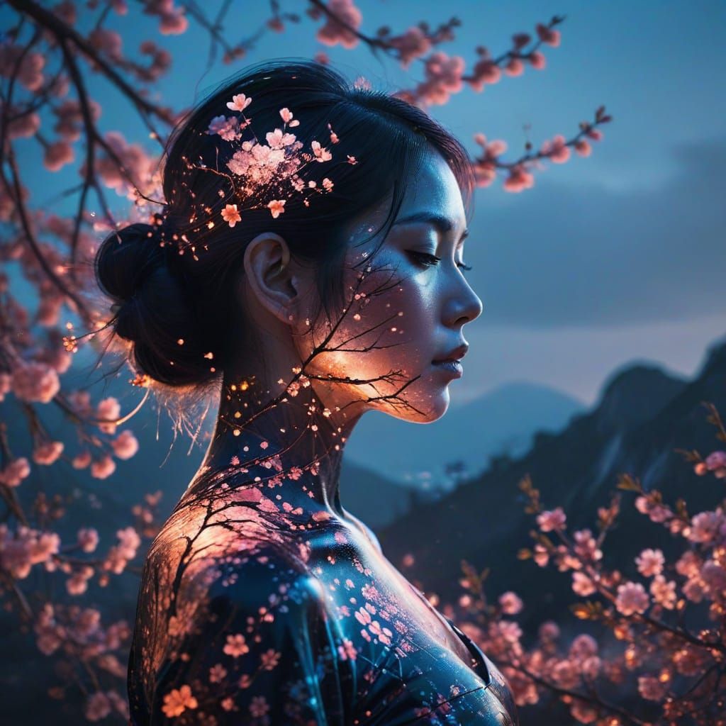 Dreamlike Double Exposure Portrait with Cherry Blossoms