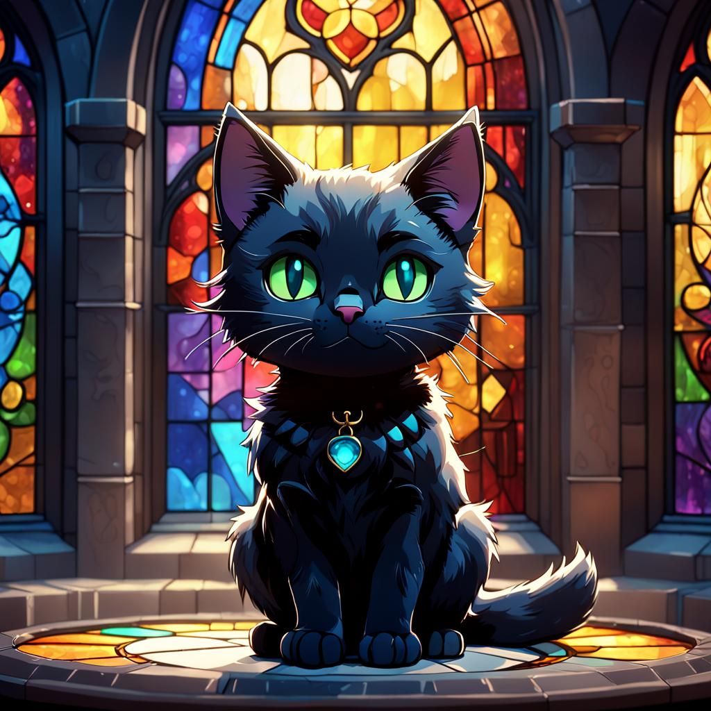 Anime Chibi Black Cat in Front of Stained Glass