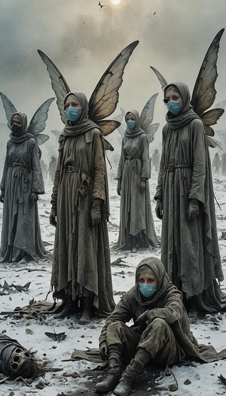 Post-Apocalyptic Winter Landscape with Fairies in Medical Ma...