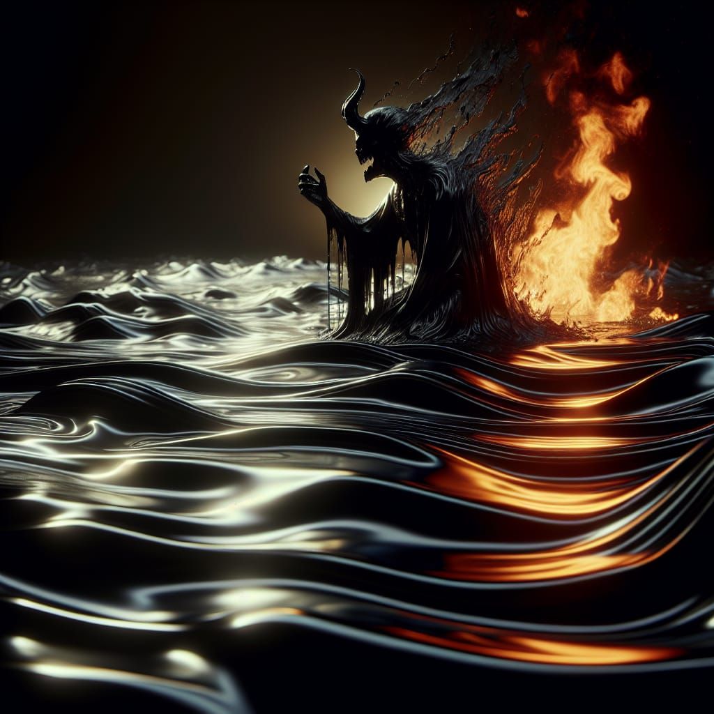 a surreal portrait of a liquid black floor, a  demon is comi...