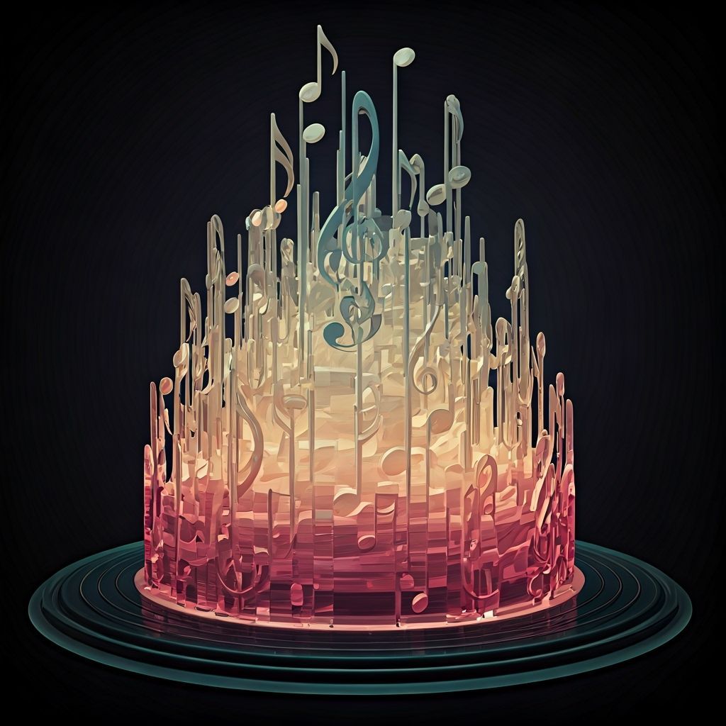 Crystal Cake Filled with Musical Notes in Digital Art Style
