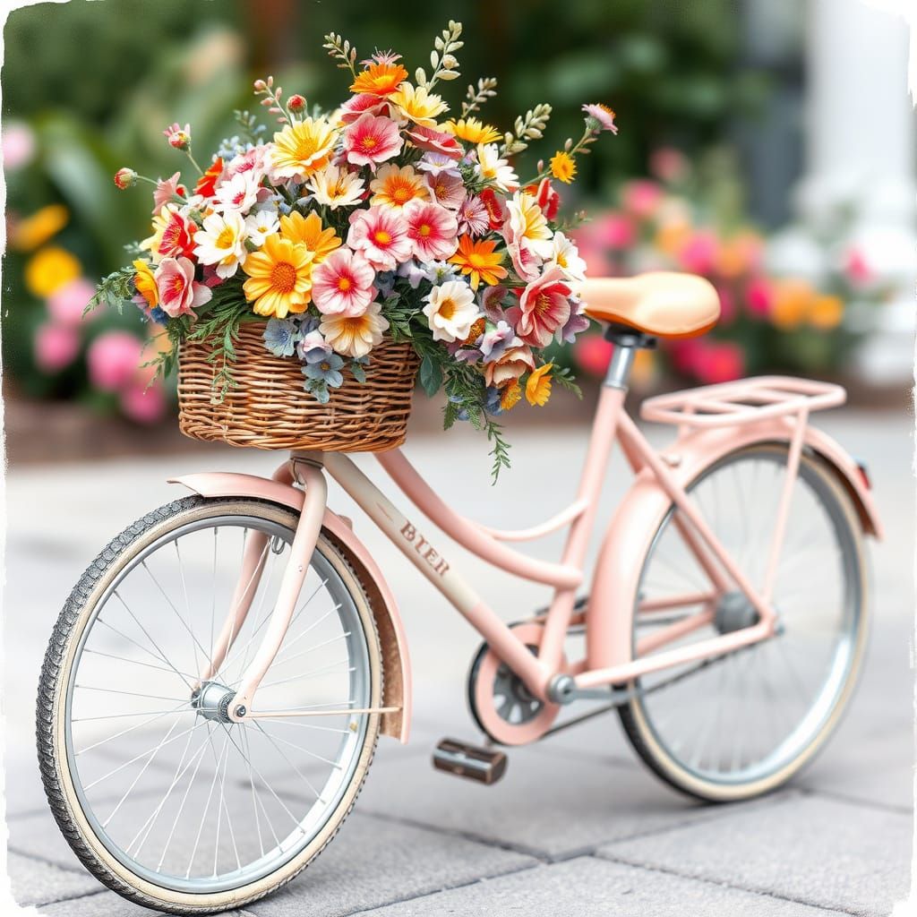 Whimsical Pastel Bicycle with Wicker Basket of Fresh Flowers