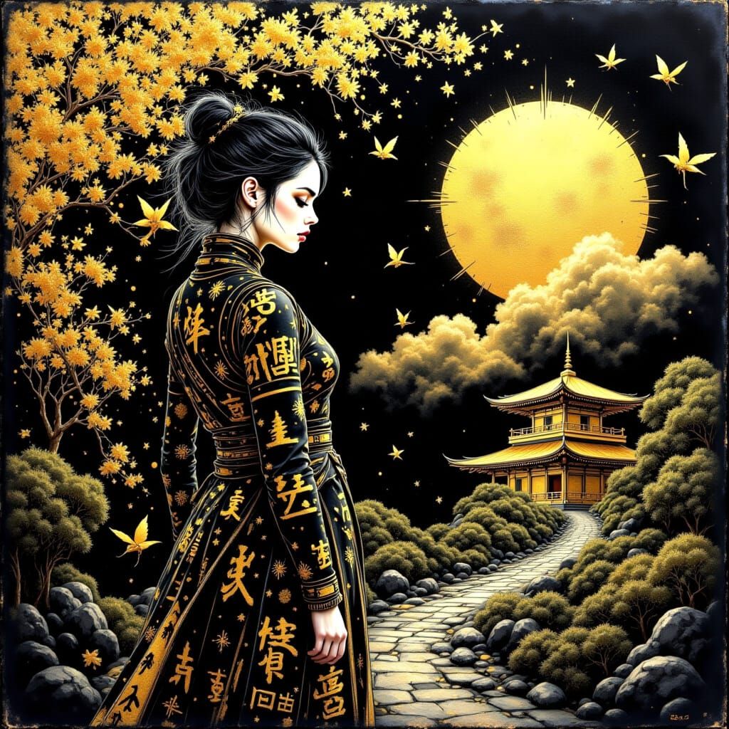 Ethereal Golden Ninja in Ancient Temple