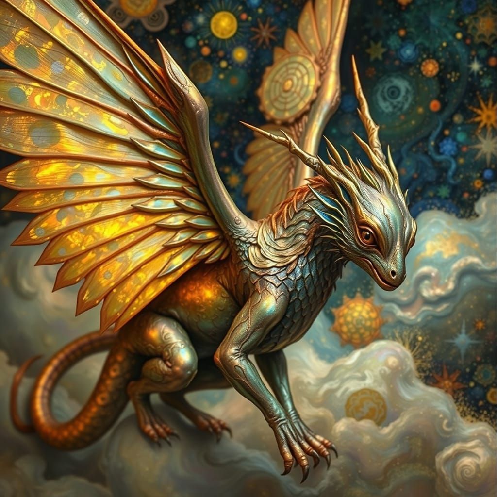 Iridescent Winged Creature in Dreamscape, Symbolic Art Style