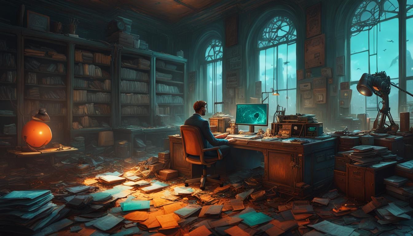 Scientist in Abandoned Office, Hyperdetailed Concept Art
