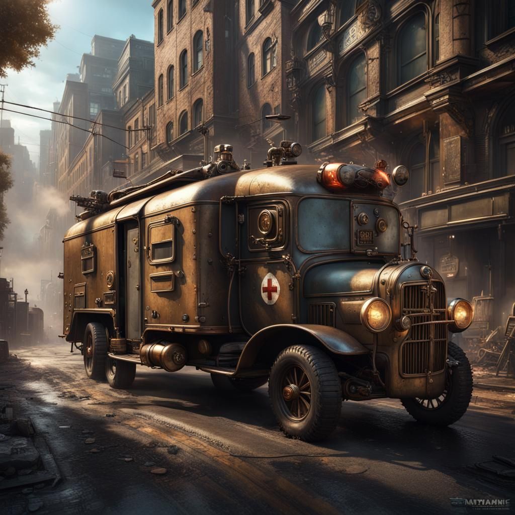 Steampunk Ambulance and Tanks in Wartime City