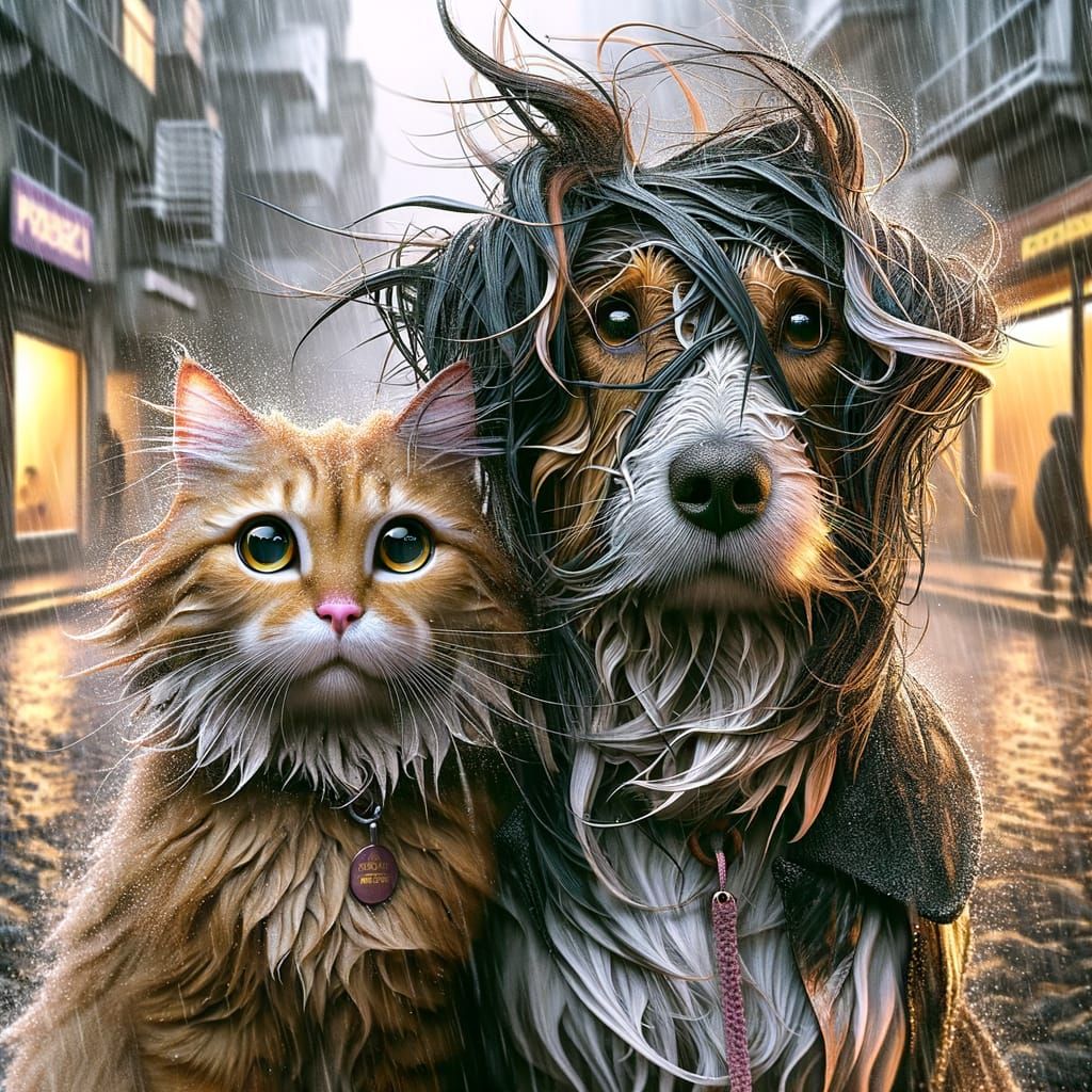 Emotional Cat and Dog on Rainy Street