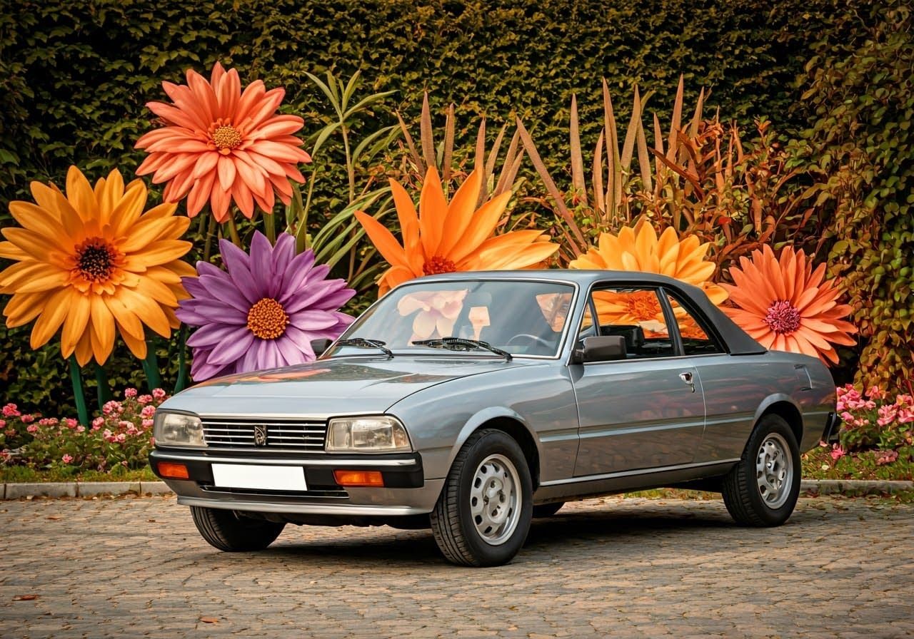 Grey Peugeot 505 Roadster in Vibrant Psychedelic Garden