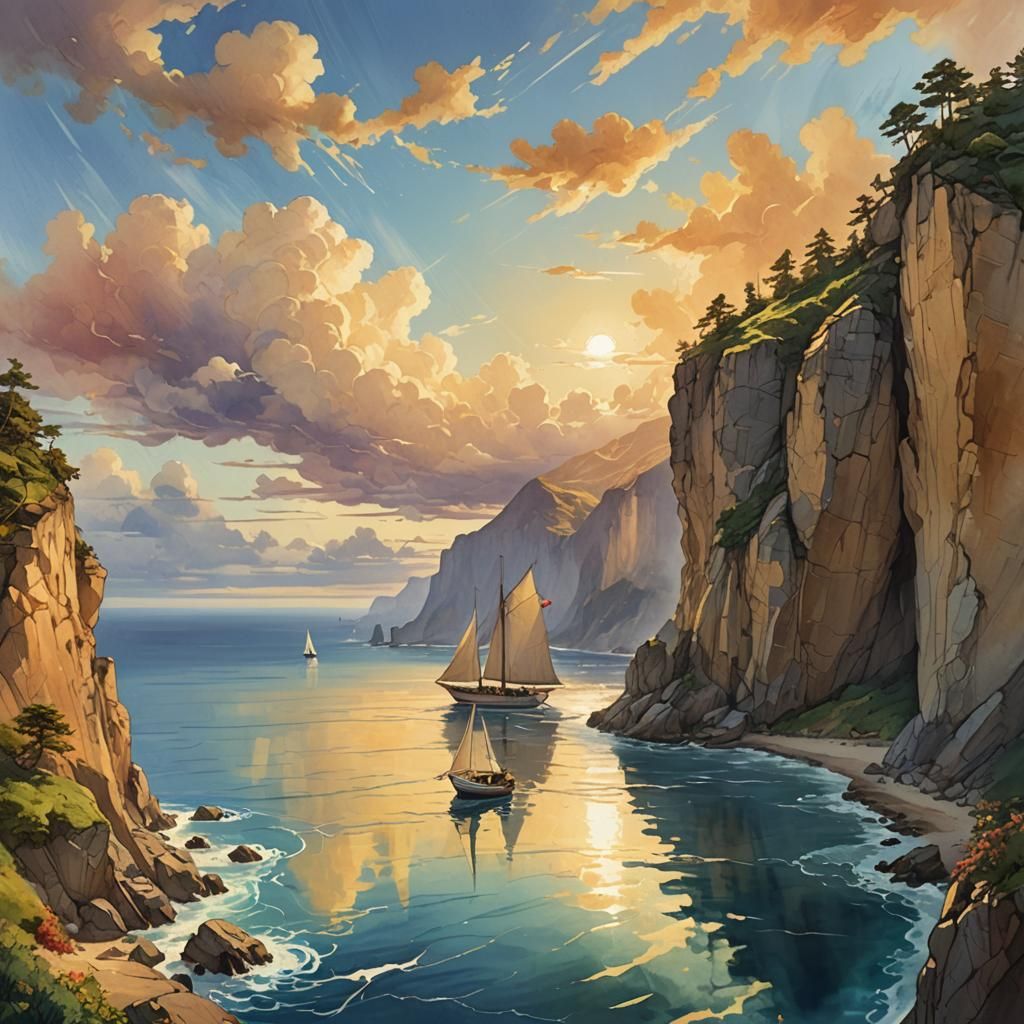 Dramatic Cliffside Sailboat in Watercolor Style