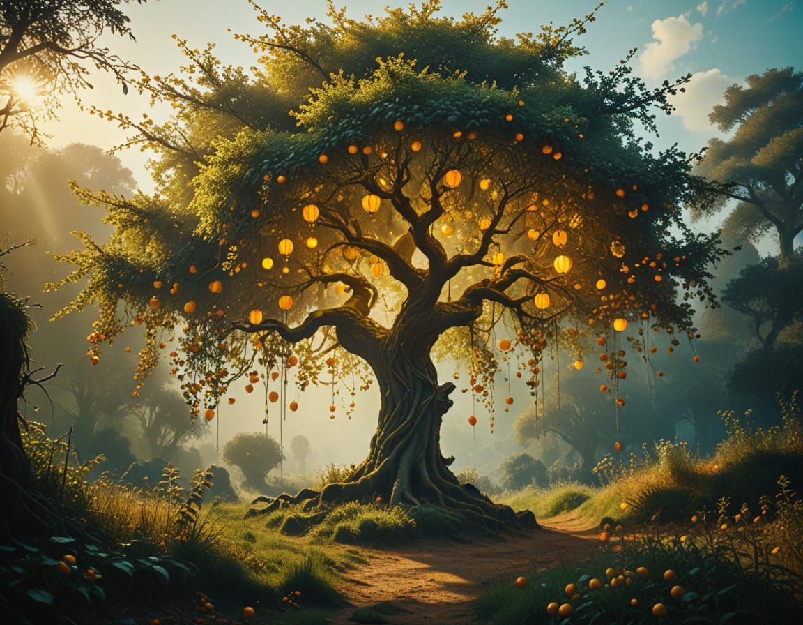 Magical tree with glowing leaves with Mythological surrealism.  golden apples hanging in a lush, vibrant paradise. Mediu...
