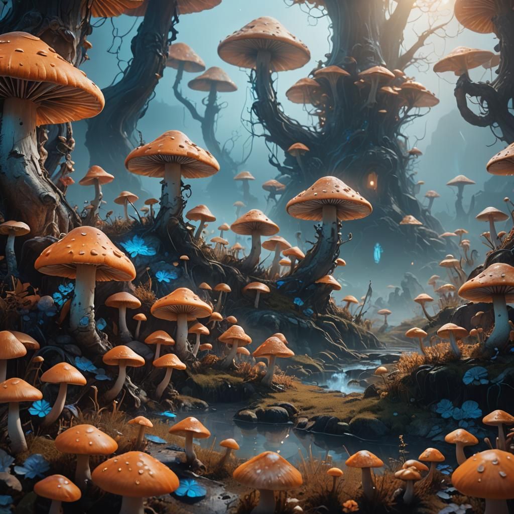 Mushroom People in Fantastical Landscape: Digital Matte Pain...