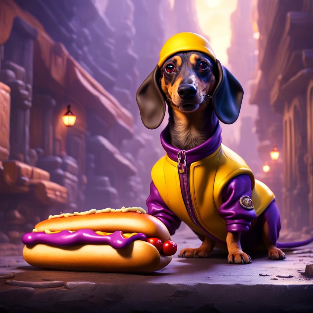 Weiner Dog in Hotdog Costume, Dark Fantasy Art