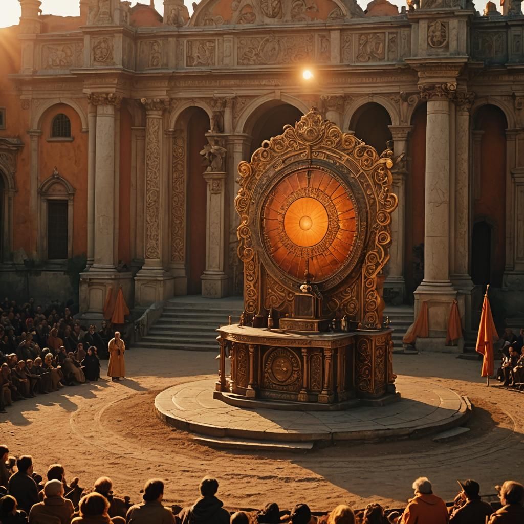 Dr. Parnassus's Stage at Sunset: A Cinematic Still