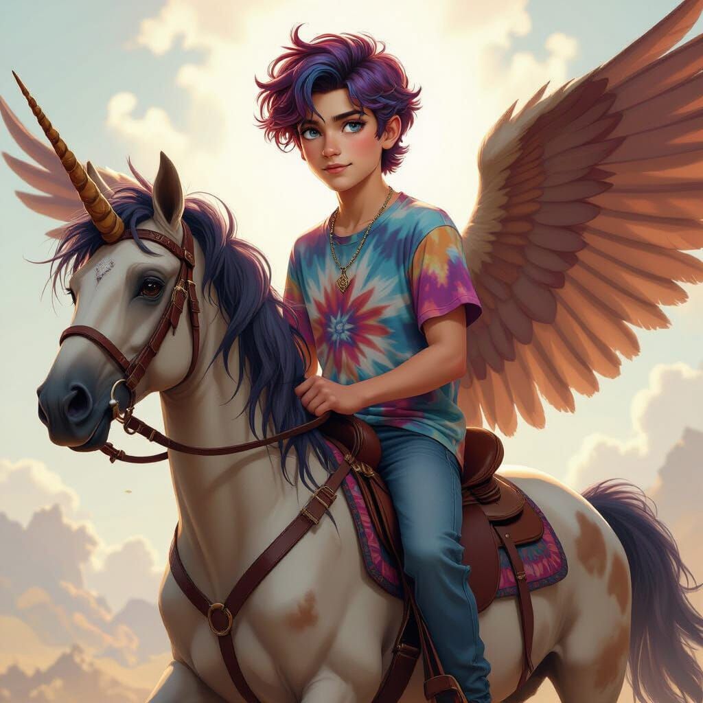 Young Man on Pinto Pegasus with Vibrant Eyes
