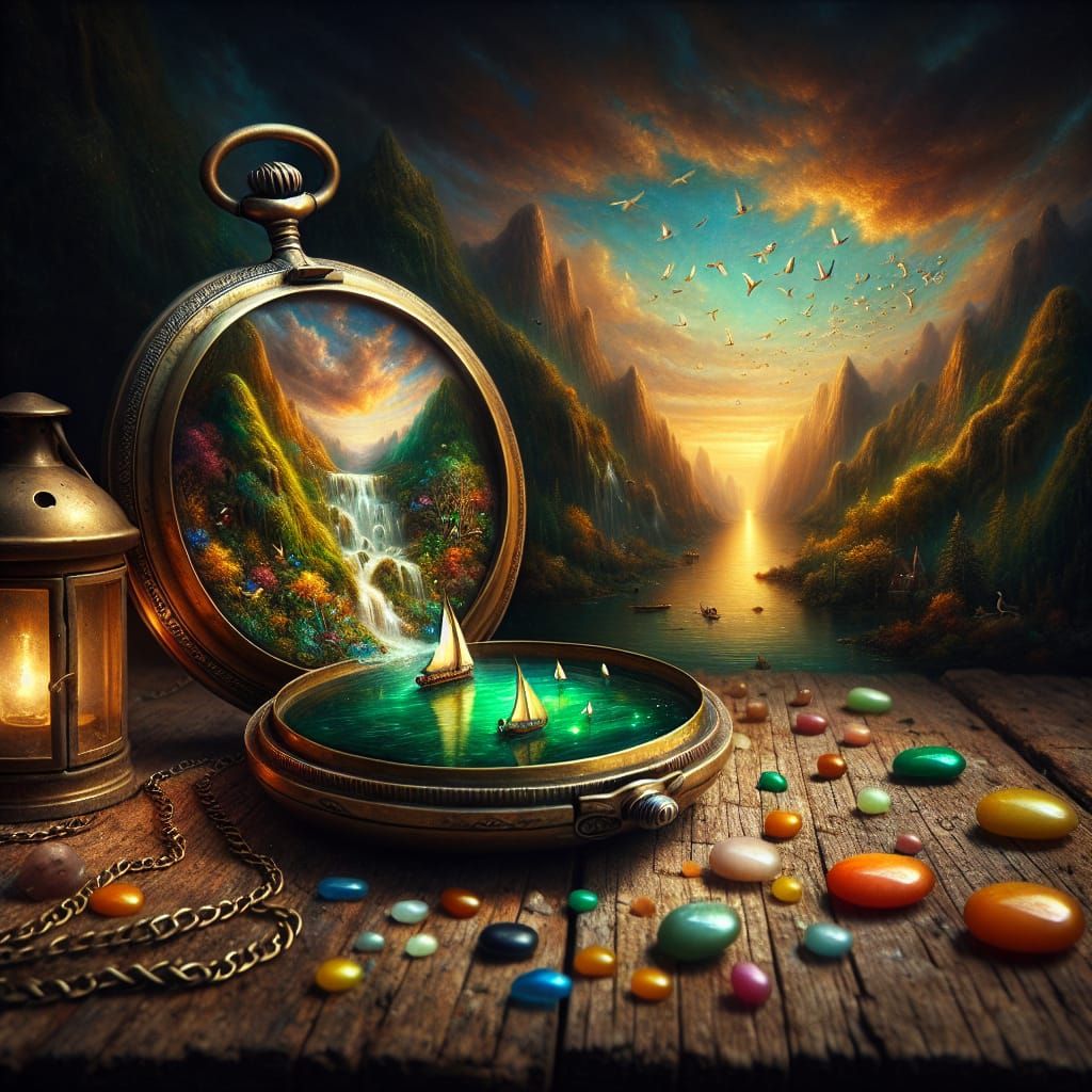 Pocket Watch Reveals Miniature World on Table