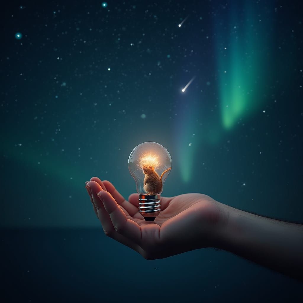 Hyperrealistic Mouse in Starry Light Bulb Scene