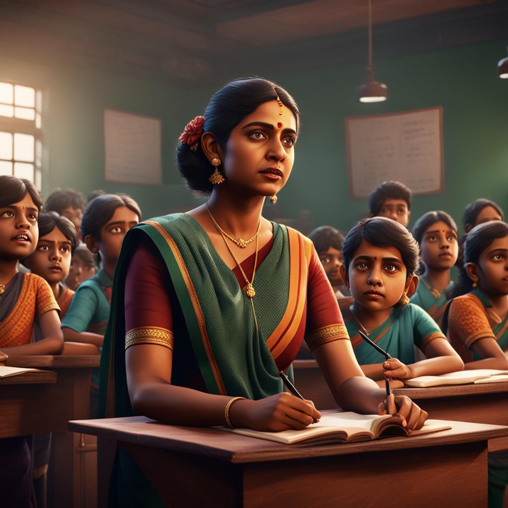 Indian Teacher Silences Students: Detailed Matte Painting