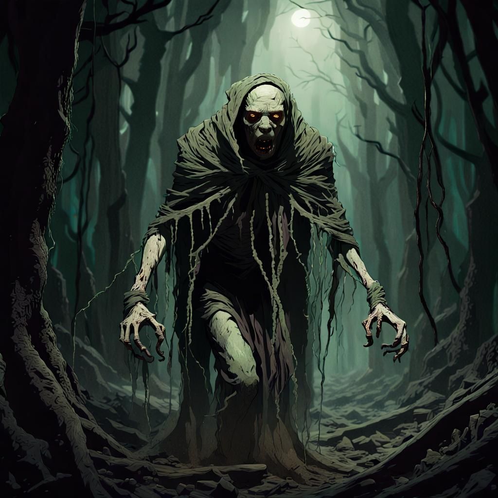 Mummified Vampire in Stormy Forest: Lovecraftian Horror