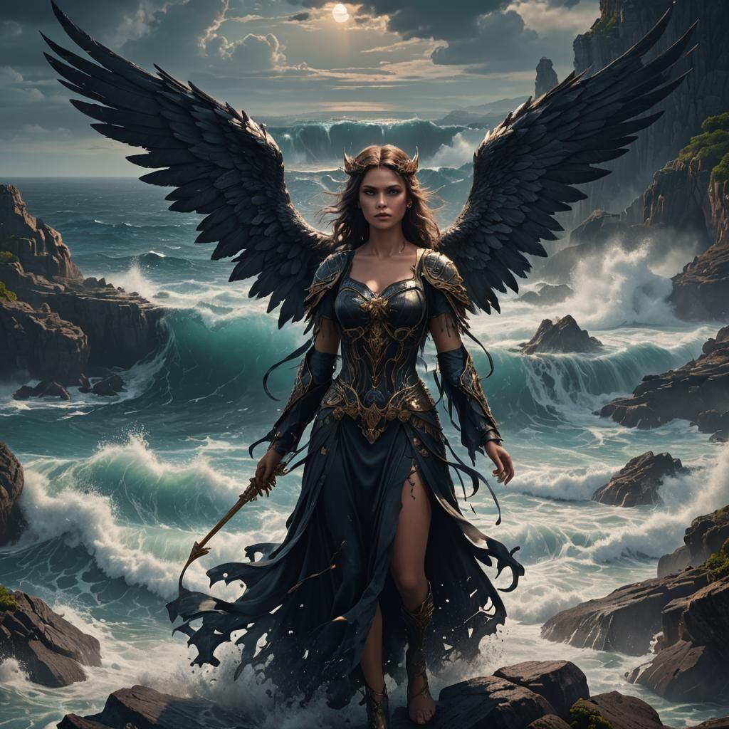 Stunning Dark Angel Overlooking the Deep Ocean
