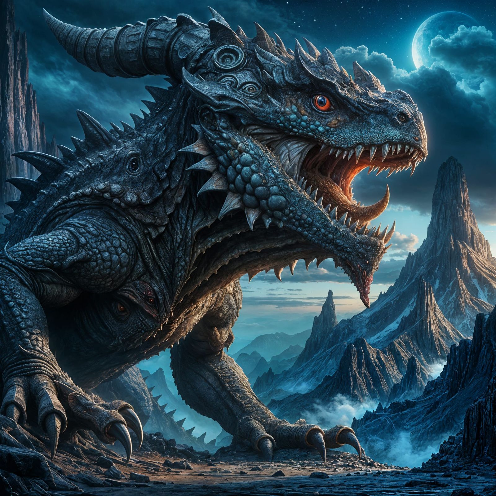 Formidable Basilisk Monster in Dark Fantasy Landscape