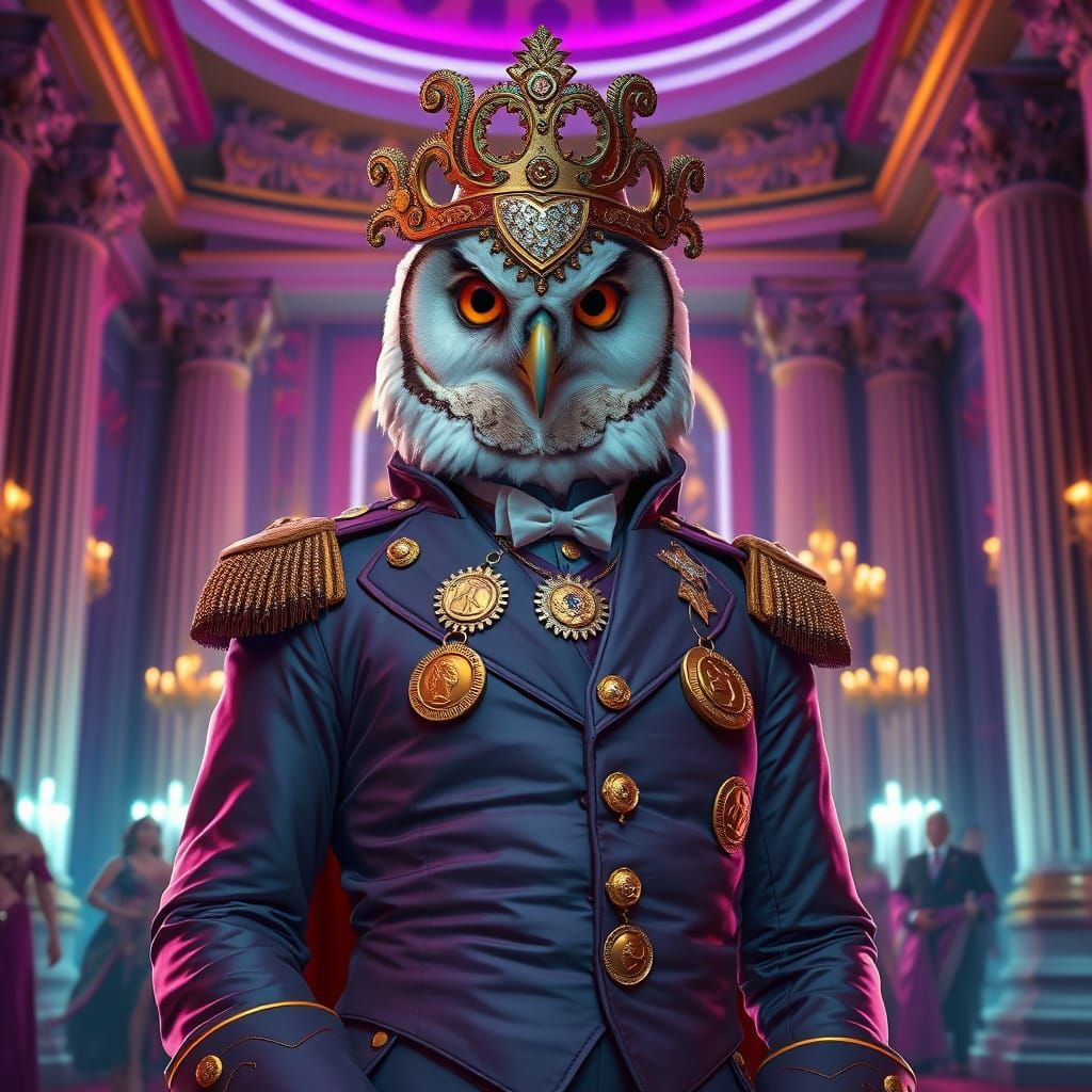 Owl Attends Masquerade Ball in Futuristic Baroque Style