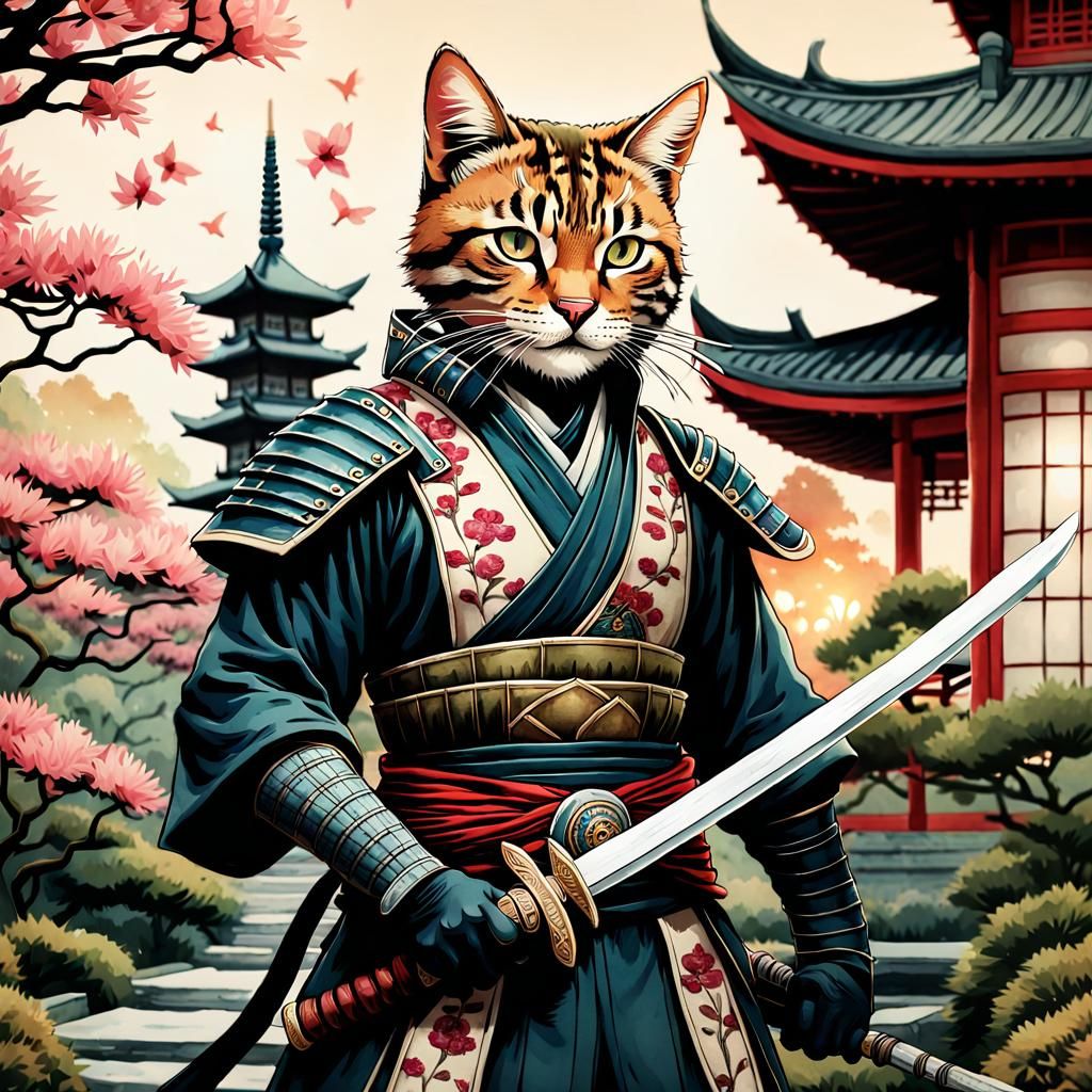Feline Samurai Bounty Hunter in Silkpunk Style