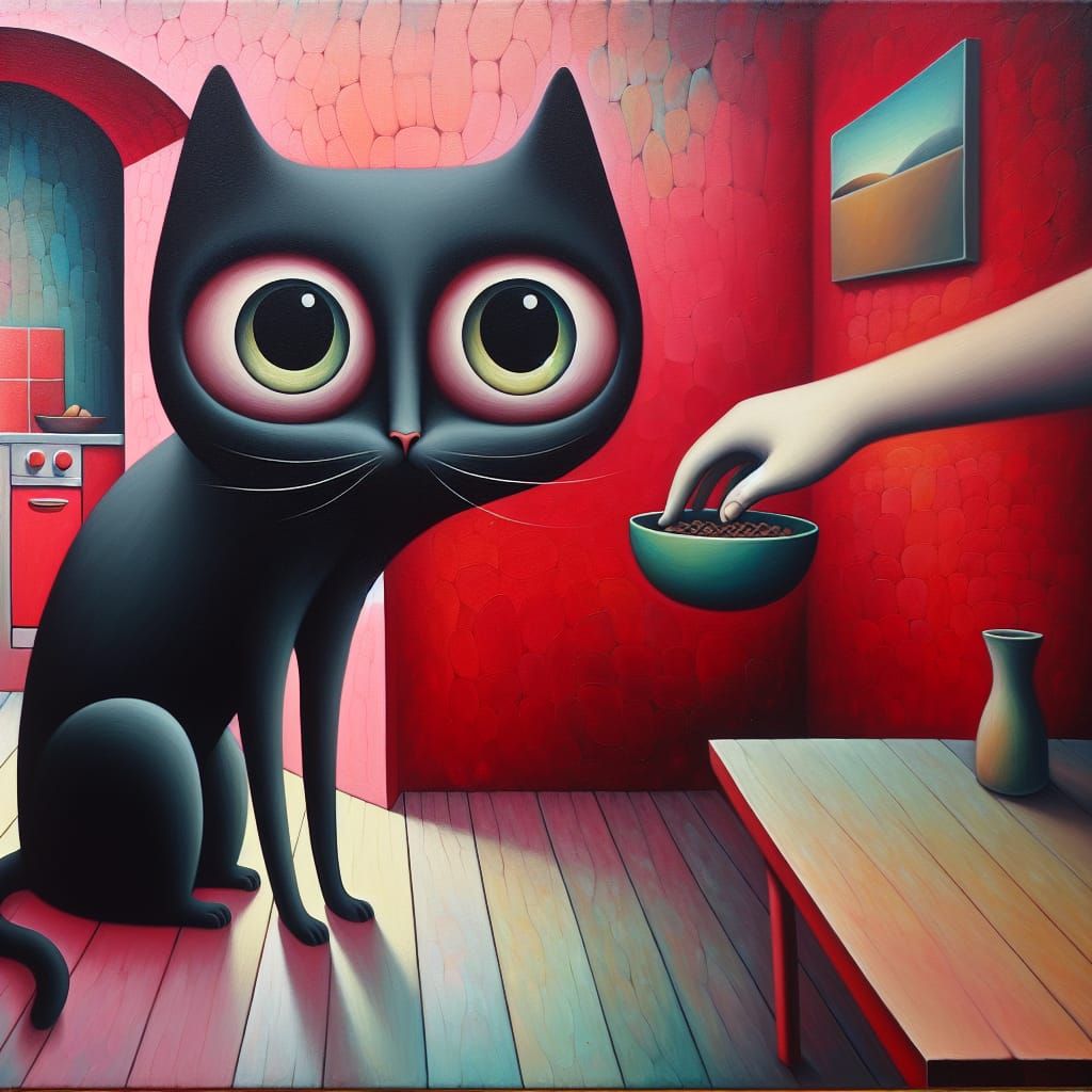 Surreal Black Cat in Red Kitchen
