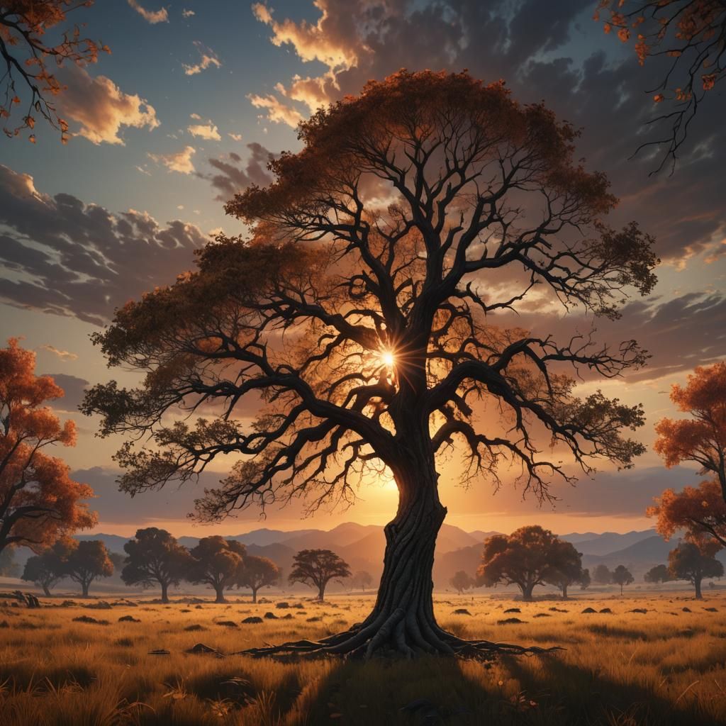 Majestic Tree at Sunset: Fantasy Concept Art