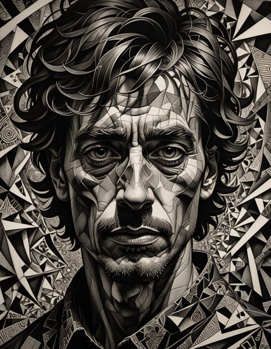 Emotive, Charcoal Portrait with Swirling Shapes