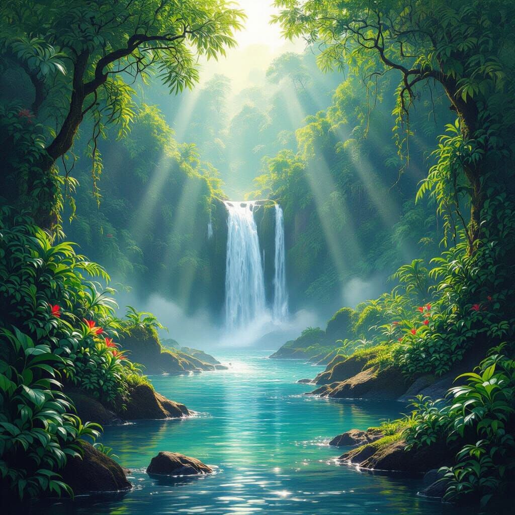 Lush Rainforest Waterfall in Hyperrealistic Style