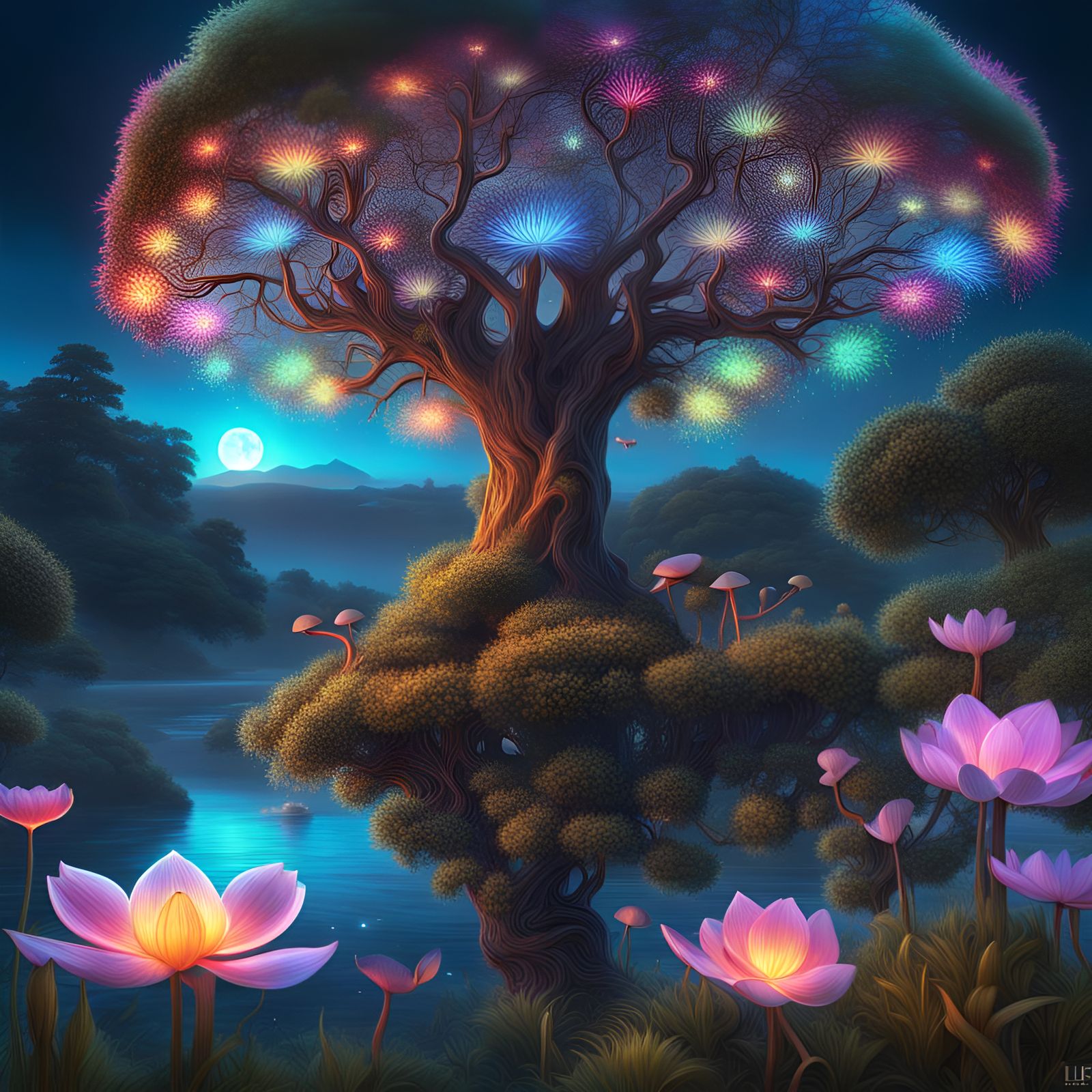 Enchanted Twilight Garden with Bioluminescent Flora in Digit...