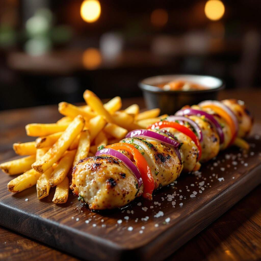 Snoogle Kebab and Fries Plated Artfully in Cozy Restaurant