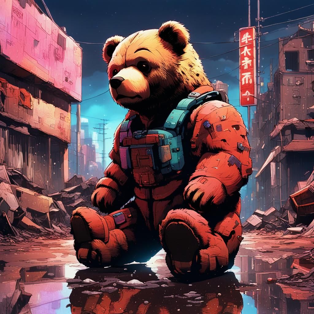 Ominous Teddy Bear in Post-Apocalyptic City
