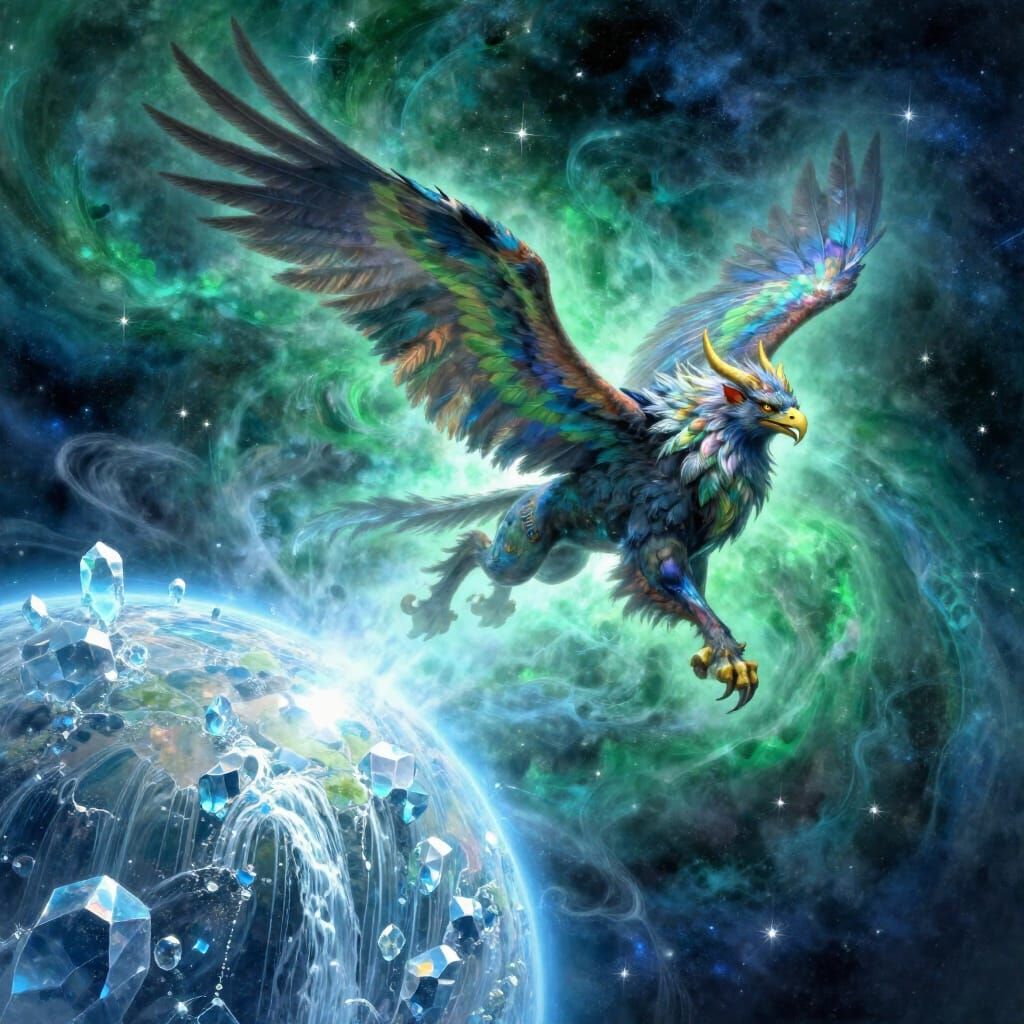 Majestic Griffin Soars Through Emerald and Sapphire Nebula