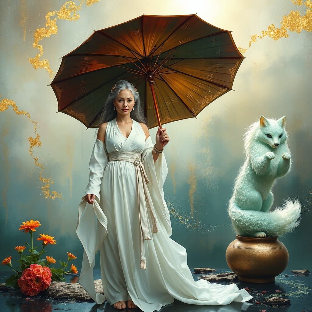 Elegant Woman and Fox in Art Nouveau Style