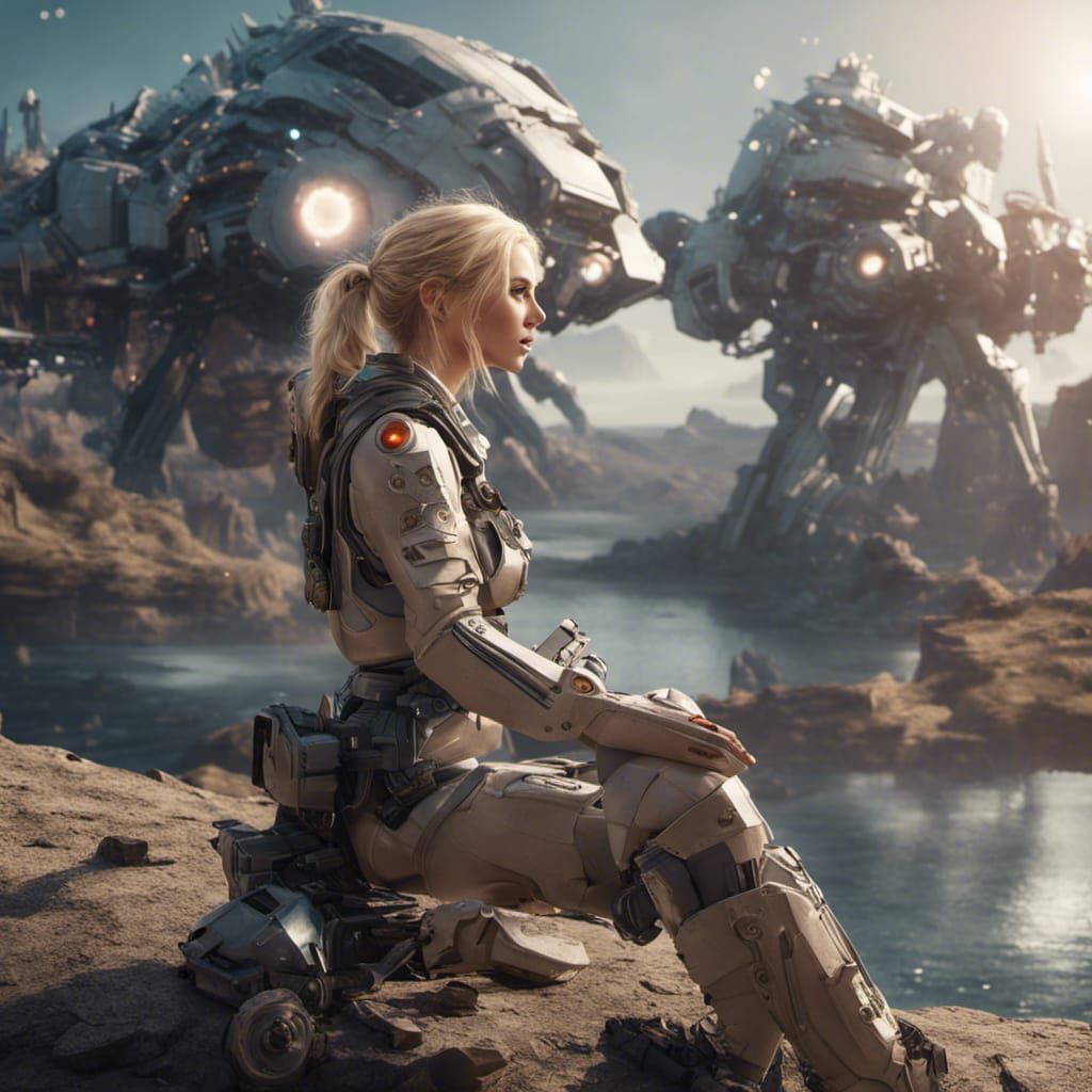 Fantasy Archeologist Overlooking Cosmic Starship in Sci-Fi S...