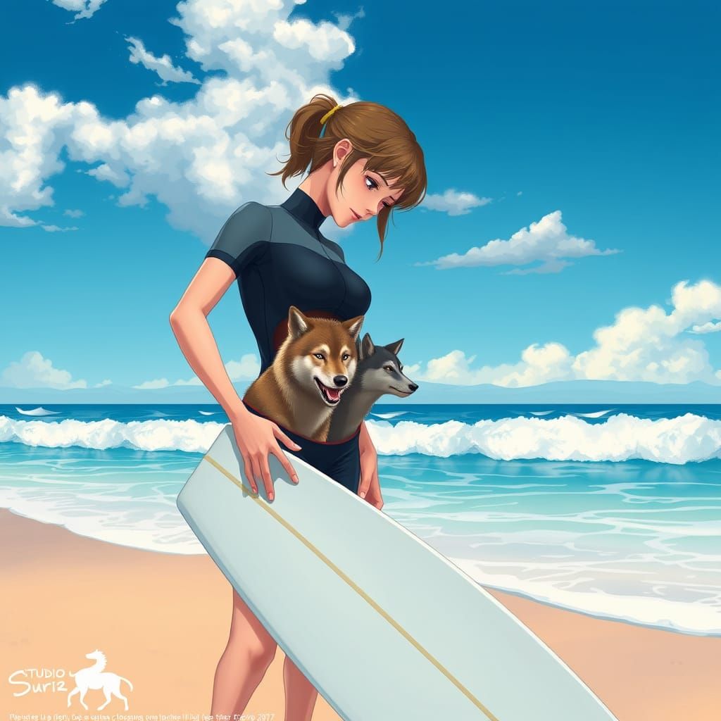 Surfer with Wolves, Cel-Shaded Anime Style