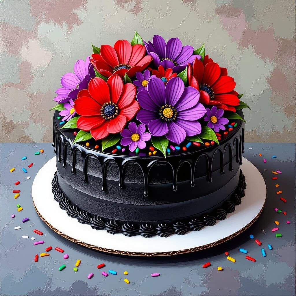 Hyperrealistic Cake with Flowers in Comic Book Style